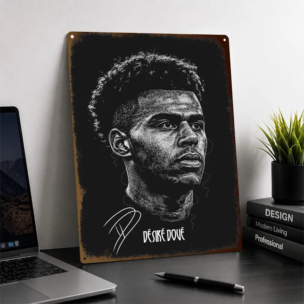 Desire Doue Football Scribble Portrait Textured Poster Personalized Metal Tin Sign Goal Action Wall Art Ideal For Club Lounges