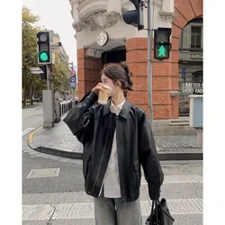 Autumn and Winter 2024 American Style Retro Coffee Brown Loose Slimming Leather Jacket Women's Jacket Short Motorcycle Women