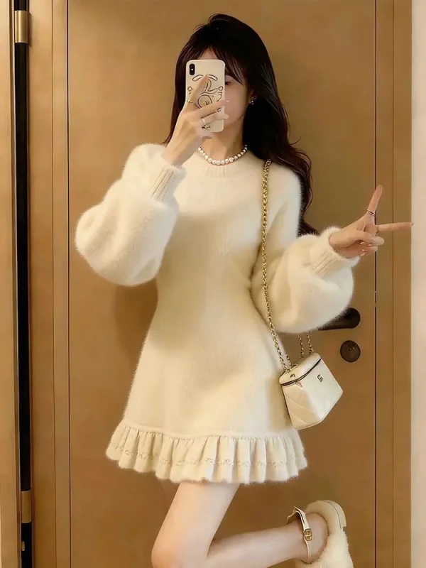 

Зимний вязаный женский свитер с круглым вырезом, длинный, с плиссировкой, эффектом стройности, из полиэфирного волокна, милый и стильный