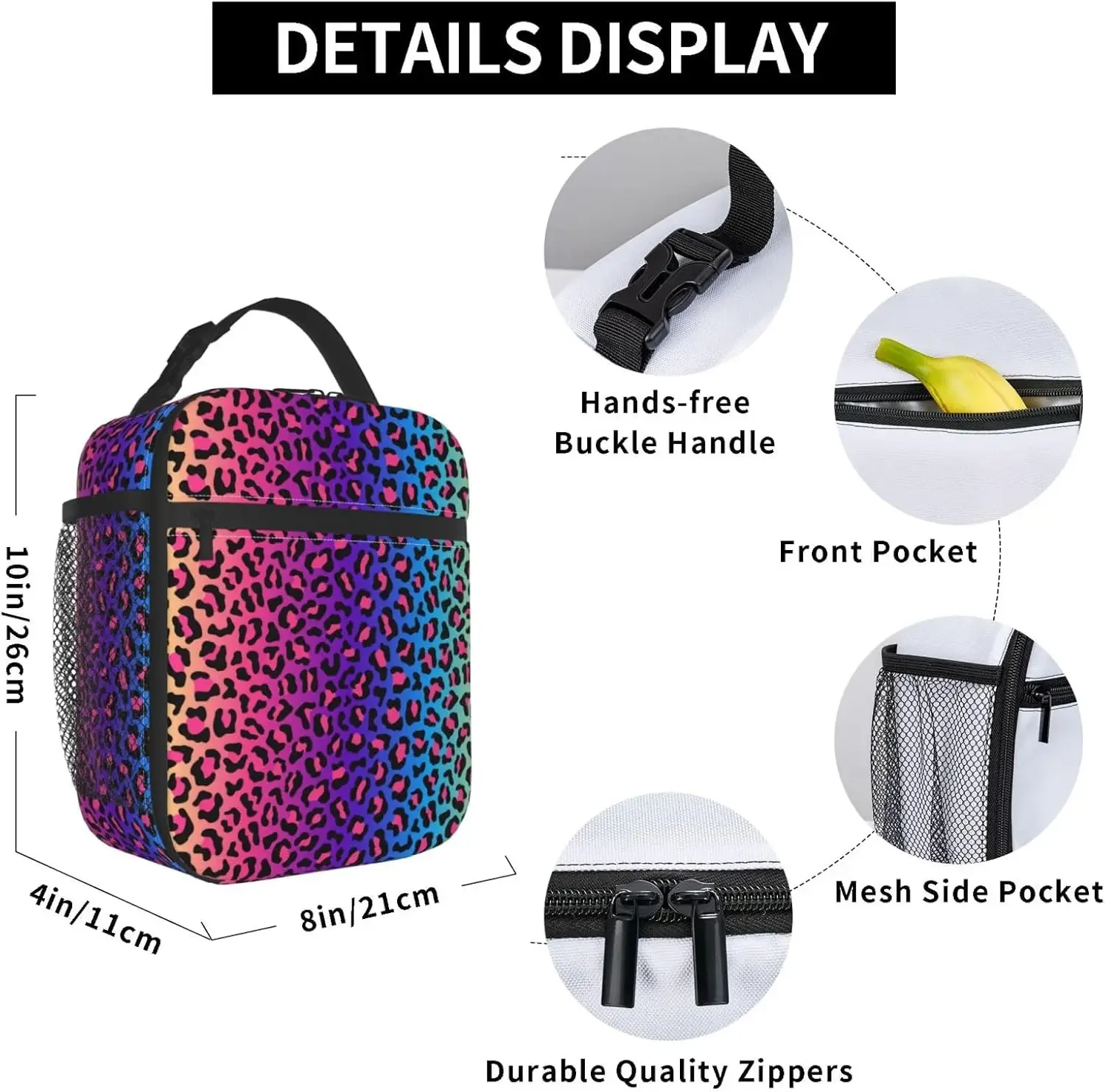 Rainbow Leopard Prints Lunch Bag, Insulated Lunch Box for Women Adult,Tote Bag for Picnic Office Travel Beach or Hiking