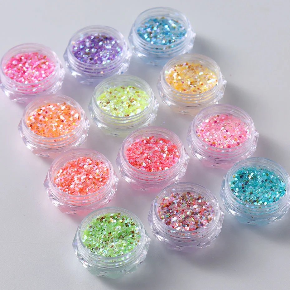 Holográfico Colorido Nail Glitter Sequins, Sparkly Sereia, Flocos De Hexágono, Festival De Natal, Acessórios De Manicure Brilhante, Caixa De 12