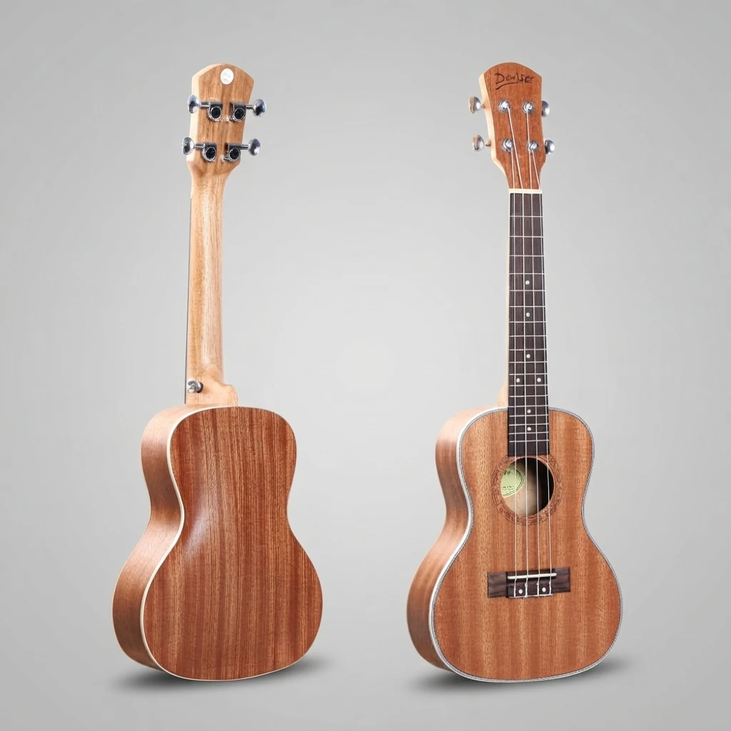 Warm Brown Soprano Ukulele, Gloss Wood Body, 4 Strings, Silver Closed Tuners, White Binding, Decorative Rosette for Beginners