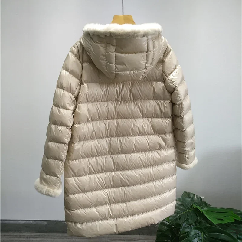 Doudoune longue en duvet de canard blanc pour femme, parka femme, manteau mince, vraie fourrure de lapin, vêtements d'extérieur chauds épais, 2023, hiver 90%