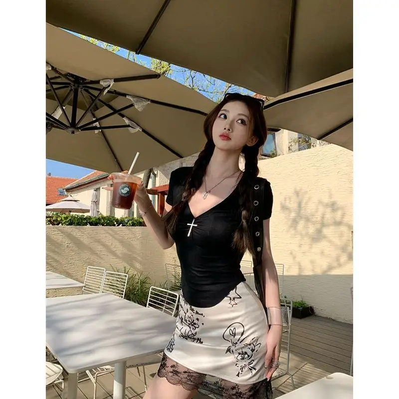 Women Clothing Summer Fashion Lace Patchwork Solid Color High Waist Skirt Female All-match Temperament Appear Thin A-line Skirt