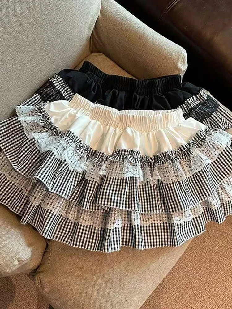 

Японская милая кружевная клетчатая юбка, женская высокая талия, милые винтажные мини-юбки, повседневная лоскутная юбка в консервативном стиле Kawaii, женская юбка Y2k