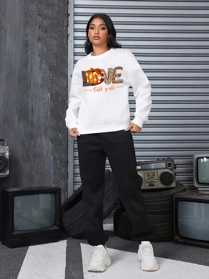 

Halloween pumpkin letter pattern 2-piece set, women's comfortable crew-neck hoodie with sports sweatpants 2-piece set