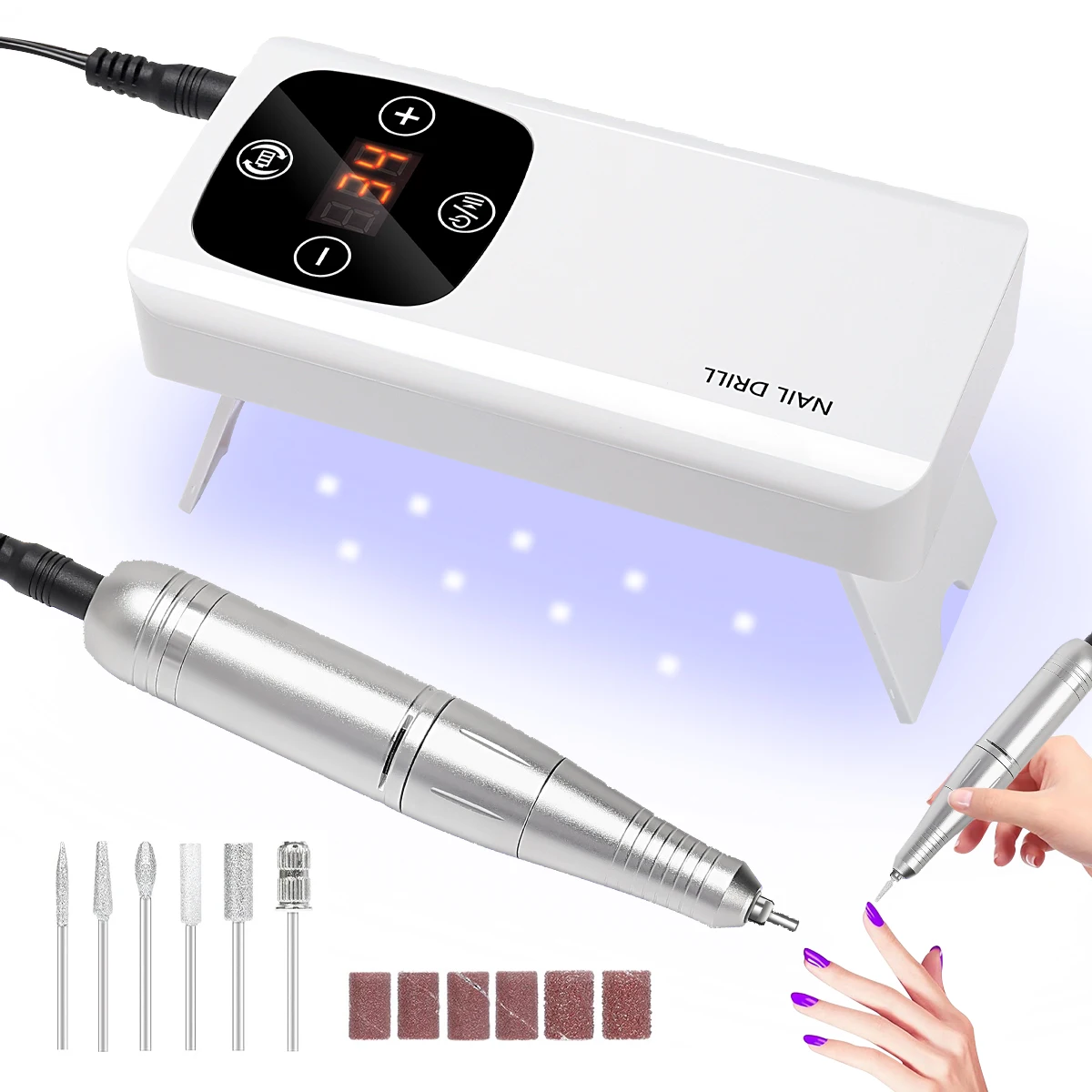 Perceuse à Ongles Portable 2 en 1 avec Lampe UV LED, Machine de Manucure Rechargeable pour Salon à Domicile, Outils Professionnels