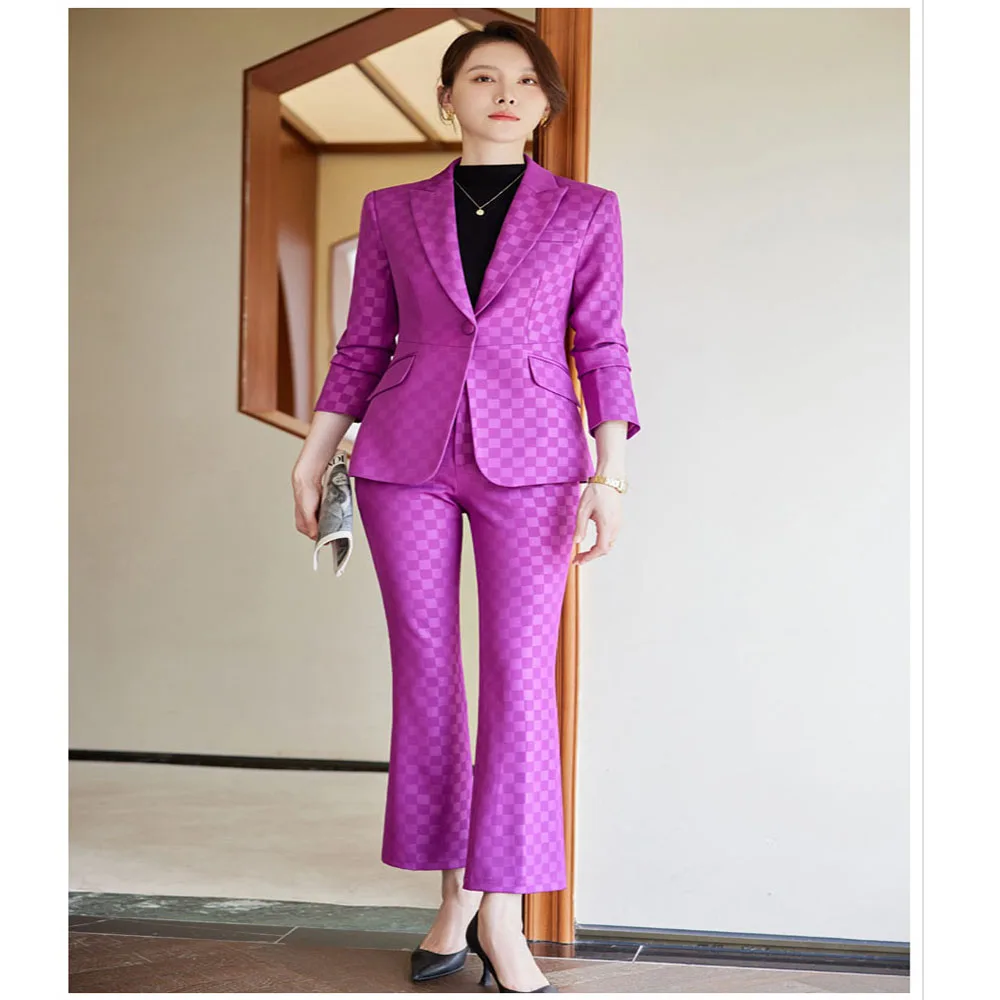 Tesco Formal Women Pantsuit Lapel Blazer Flare Pants Plaid Suit Set for Office Lady Women\'s Sets For Commuter Party blazer mujer