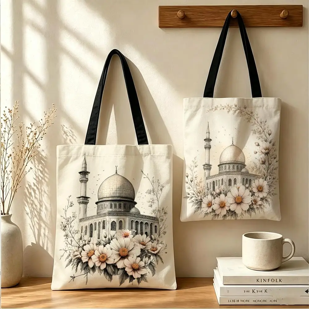 Ramadan Architecture Design Storage Bags Large Capacity Canvas Tote Bag Double-Sided Print Shoulder Handbag for Daily Shopping