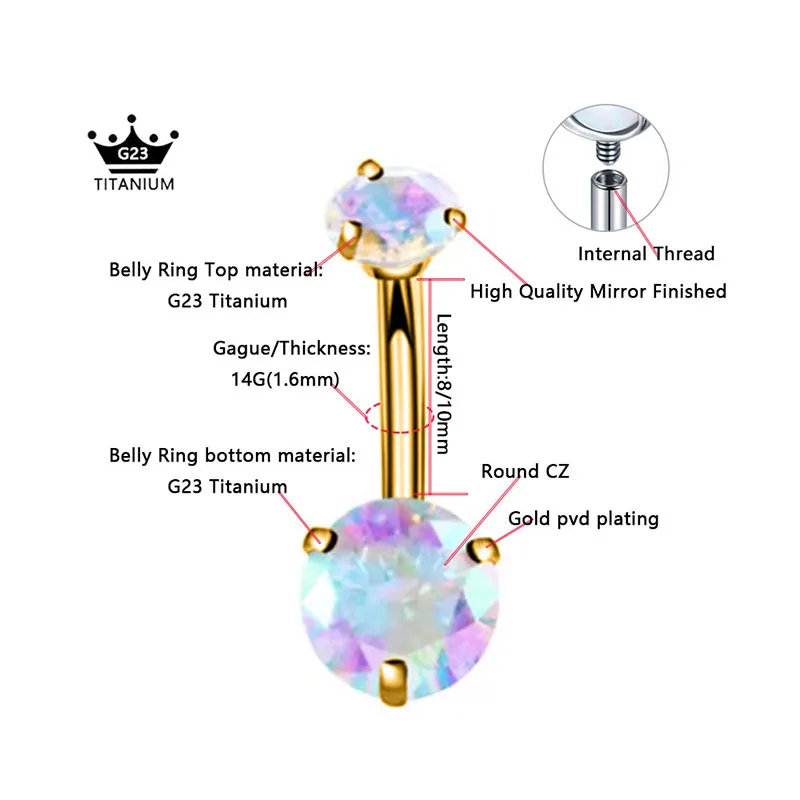 ASTM F136 G23 Titanium Double CZ Navel Piercing Gem Internal Thread Belly Button Ring Body Piercing Jewelry for Women Men 14G