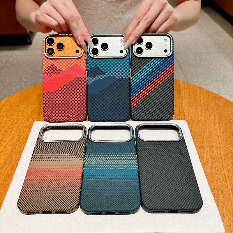 Carbon Fiber Kevlar Texture for Magsafe Case for IPhone 18 Pro 13 14 15 16 17 Pro Max Magnetic Charging Metal Lens Frame Cover
