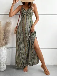 Madam Summer Sundress V-neck Beach Dress Vintage Backless Green Long Dresses Women's Dresses Gown Elegant Vestidos Largos платье