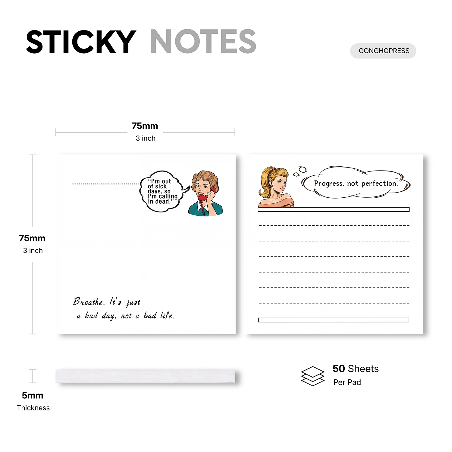 2pcs Inspirational Quote Sticky Notes Set, Retro Comic Self Stick Memo Pads, 100 Sheets Total, Motivational Positive Notepads
