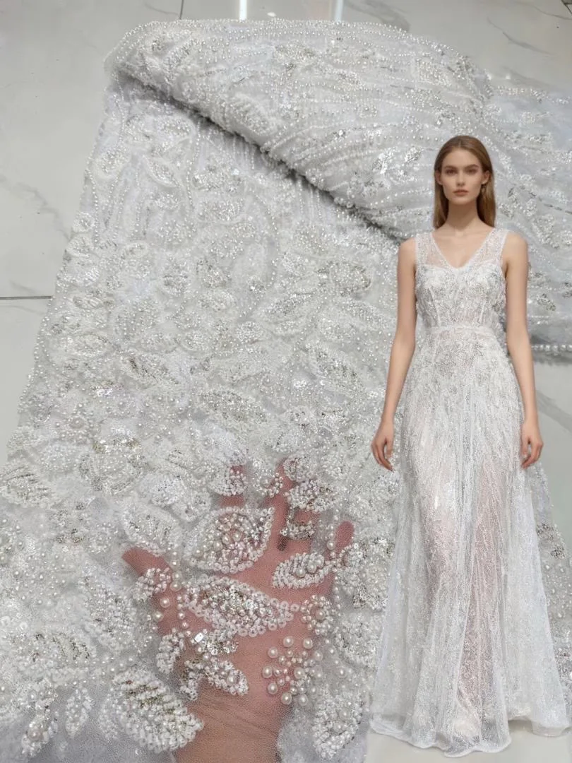 

African Beaded Lace Fabric French Tulle Lace 2025 High Quality Luxury White Lace French Sequins Fabric For Women Wedding Dress