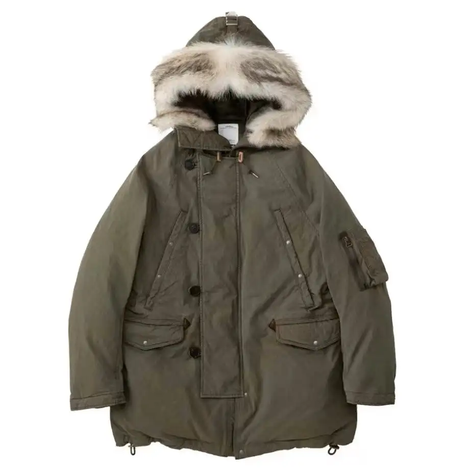 VISVIM FIL valdez down coat wolf fur collar mud-dyed washed white goose down jacket