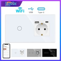 WiFi Smart Switches and Wall Socket Glass Light Switch Plus USB Socket Type-C Interruptor WiFi Smart Life Google Alexa Control