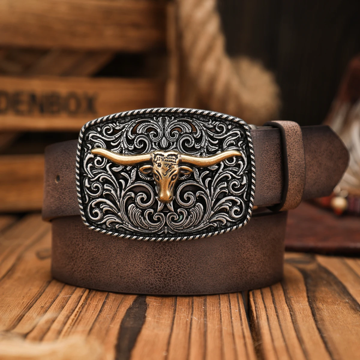 A Western-Buckle PU Belt Suitable for Both Men and Women, A Unique and Retro Brown Belt (With Perforated Nails Included)