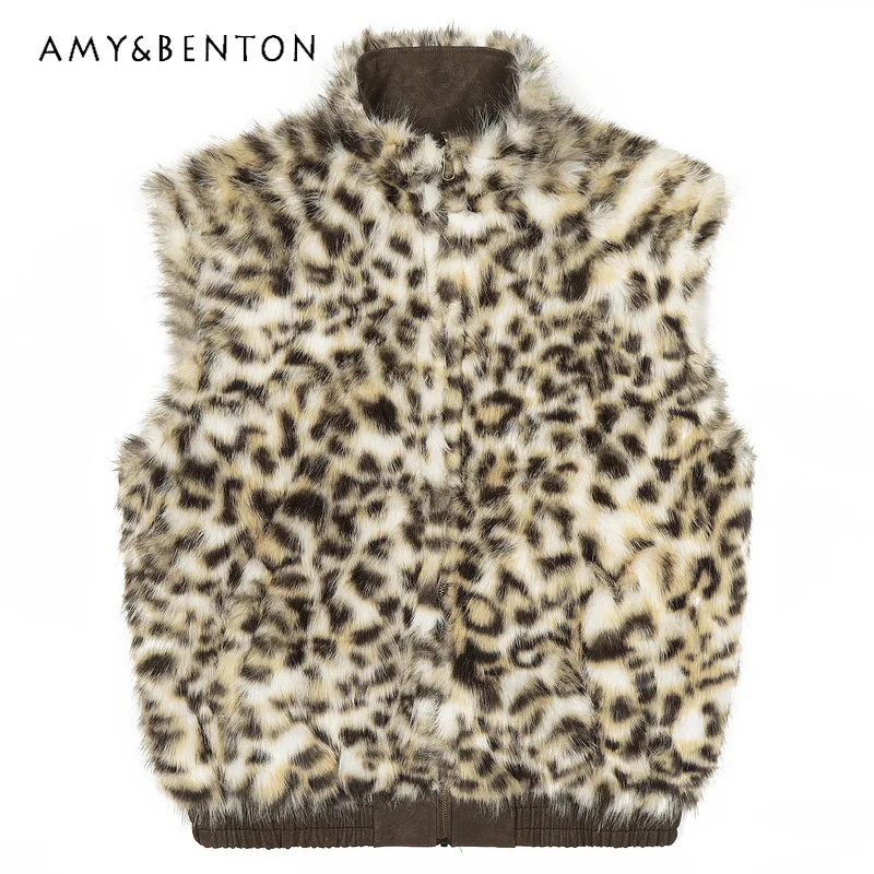 

American Creative Design Leopard Print Reversible Unisex Vests 2025 Winter New Loose PU Leather Jackets Couple Outfit Ladies
