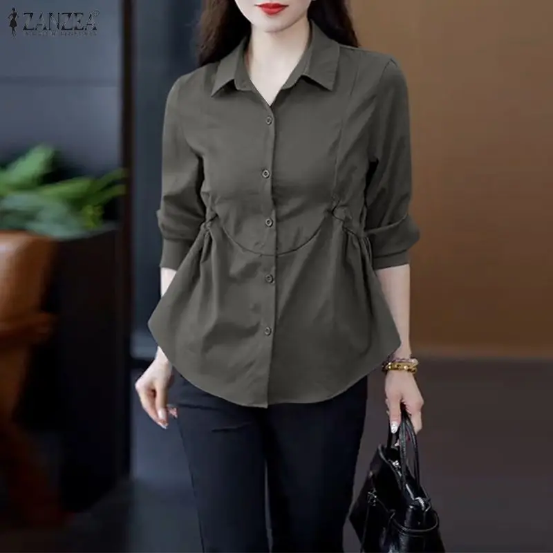 

ZANZEA Elegant Solid Shirts Women 3/4 Sleeve Fashion Casual Blouse 2026 Summer Lapel Pleated Work Office Lady Tops Blusas Street