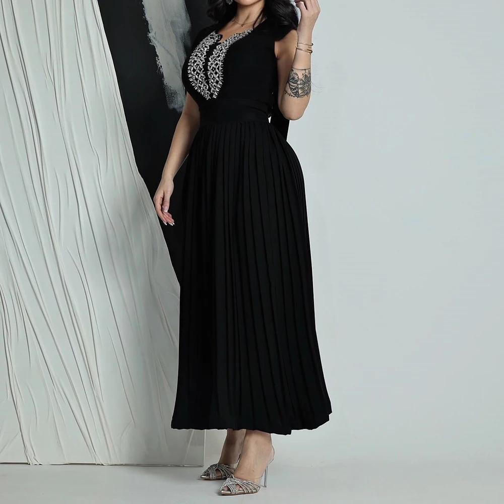 

Customized A-line Evening Dresses Ankle-length V-neck Sleeveless Prom Gown Fashion Crystal Pleat Simple Draped Casual Party Gown