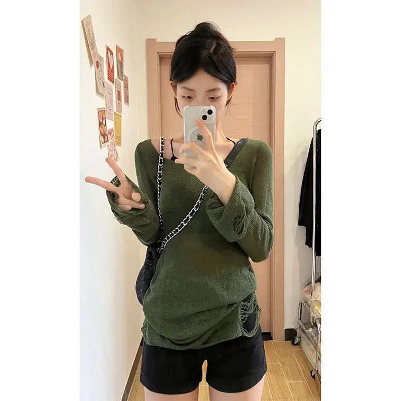 Deeptown Y2k Vintage Green Sweater Women Kpop Gyaru Knitted Jumper Korean Fashion Slim Sexy Knitwear Distressed Grunge Pullover