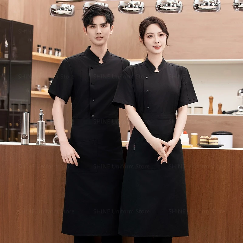 Veste de Chef respirante, uniforme avec tablier en maille à manches courtes, manteau de Chef de cuisine de Restaurant, vêtements de travail noirs, accessoires de chef pour hommes