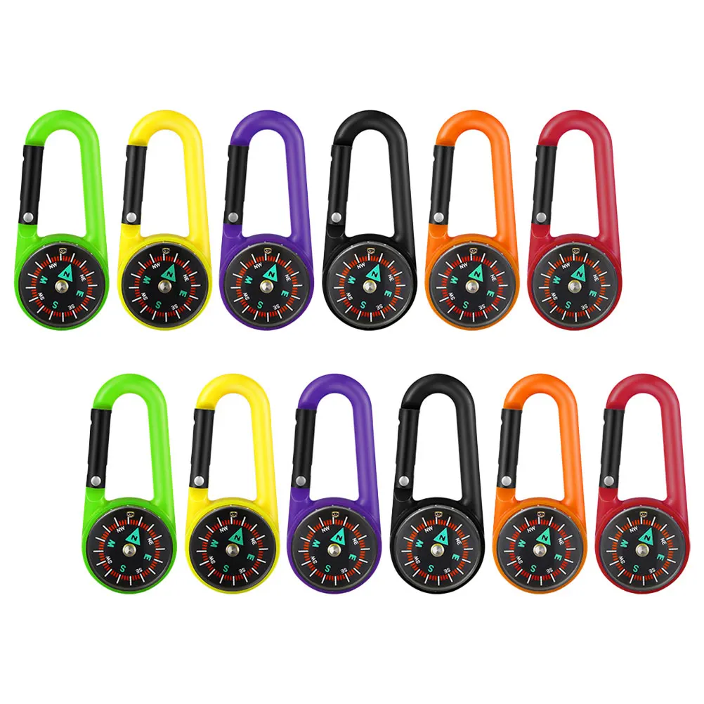 

12pcs Plastic Compass Carabiner Keychain Mini Pendant Green Red Orange Purple Yellow Black Each Survival Hiking Outdoor