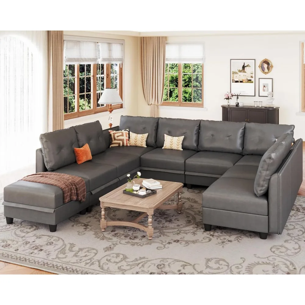 Modular sofa, convertible U-shaped sofa, storage space, artificial leather waterproof sofa, 9 seats