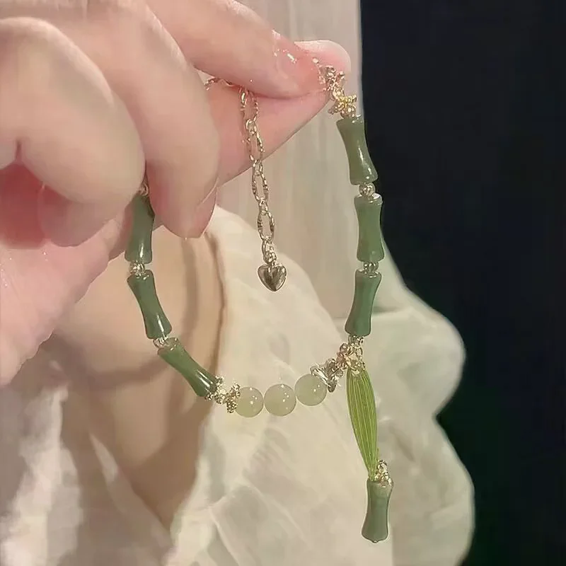 Exquisite Retro Handmade Bamboo Joint Beaded Bracelet For Women Girls Fashion Leaves Tassel Bangles Party Charm Jewelry Gifts