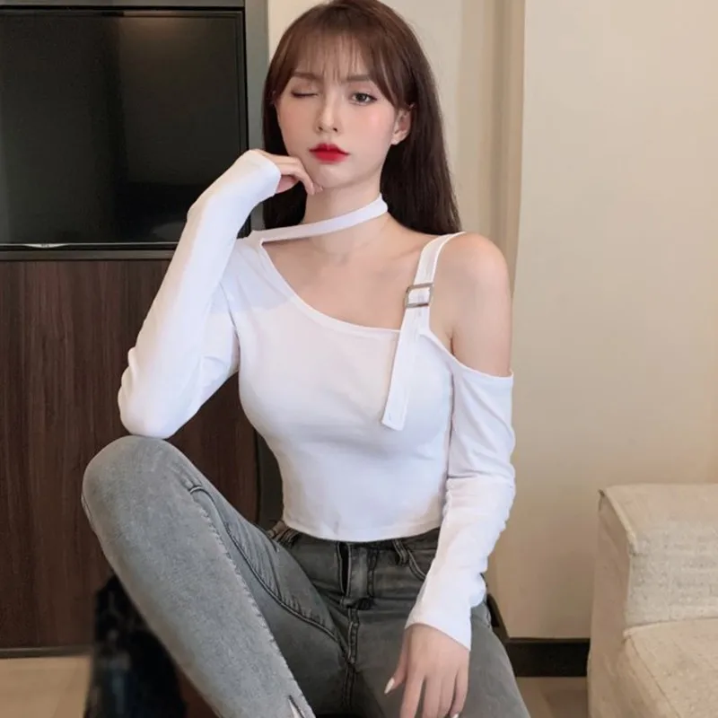 Sexy Fashion Korean Edition Irregular Hanging Neck Off Shoulder Sexy Slim Fit Off Navel Long sleeved T-shirt