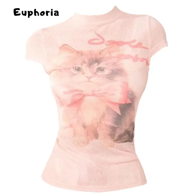 Euphoria Women's Pink kitty Graffiti Print T-shirt Harajuku Korean Y2k 2000s Vintage Long Sleeve Emo Torn T-shirts Clothes