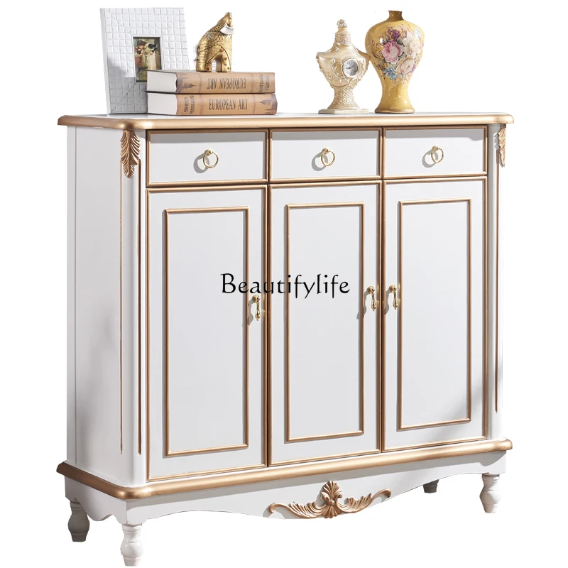 American-Style Entrance Cabinet European-Style White Carved Three-Door Storage Hall Large Capacity Storage Cabinet