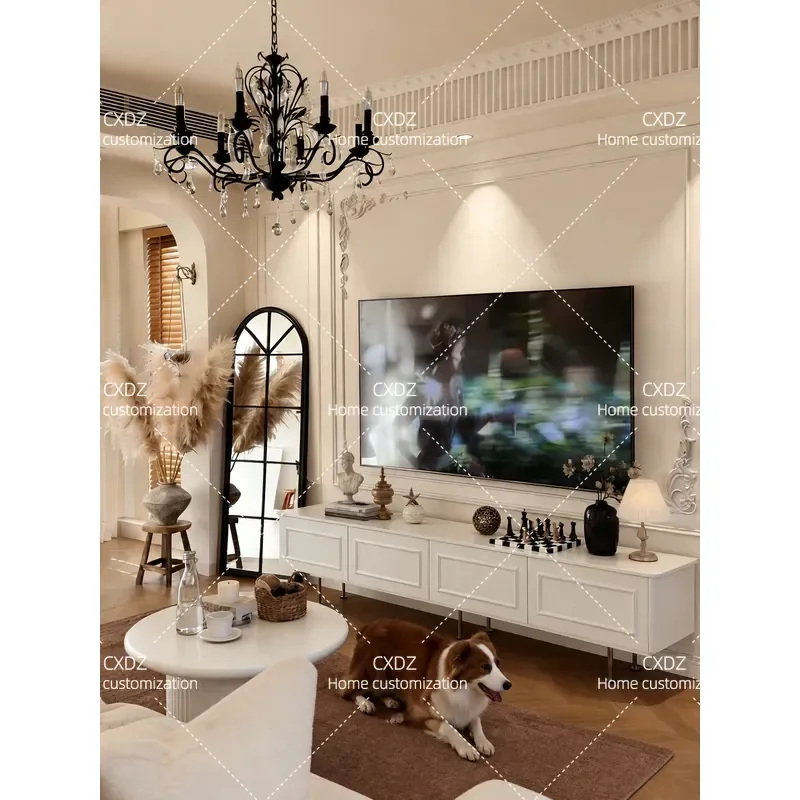 2026 New French Style Solid Wood TV Cabinet and Coffee Table Set for Living Room Small Apartment Light Luxury Cream Color