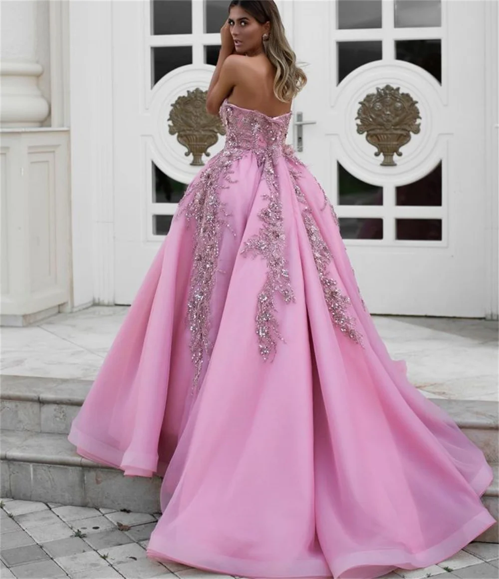 Sansa Pink Gliiter Embroid فساتين السهرة Sequins Ball Gown Prom Dress Elegant Strapless Sweep Train Vestidos De Noche