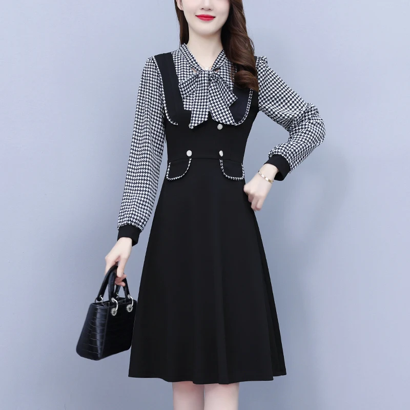 

#8030 Bird Lattice Long Sleeve A-line Dress Women Bow Collar Office Elegant High Waist Vintage Dress Laides Buttons Knee-length