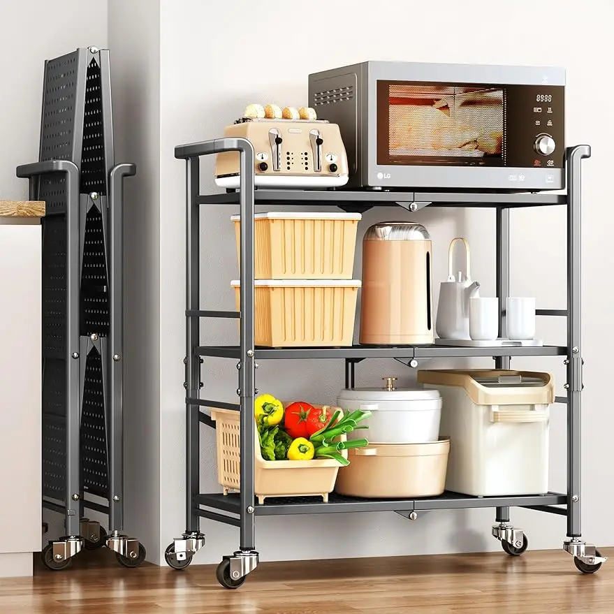 

Microwave Stand Cart Bakers Rack - Kitchen Coffee Storage Rolling Shelf on Wheels, 3 Tier Folding Utility Cart