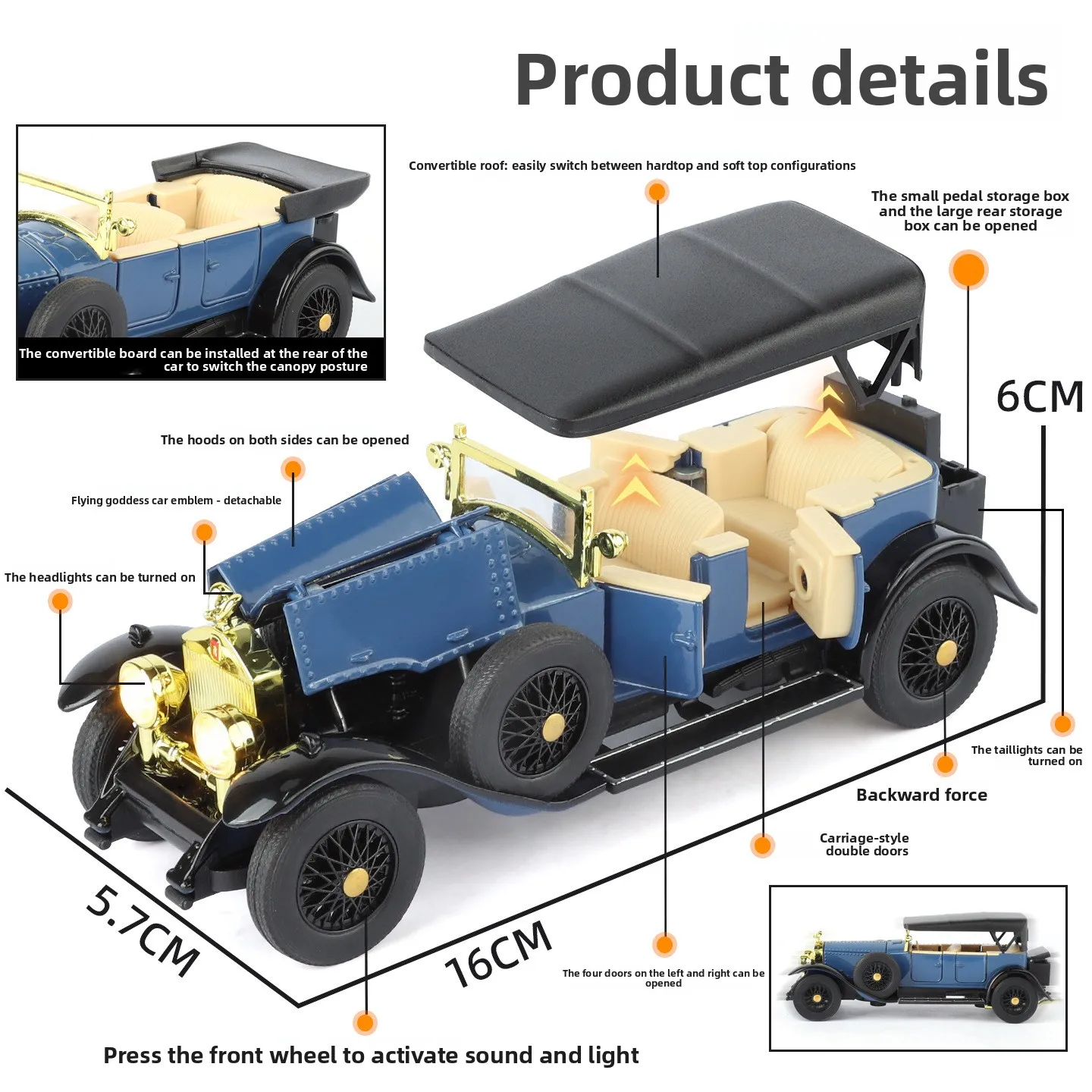 

1:32 Phantom 1925 1th Vintage Car Alloy Diecast Car Model Sound and Light Children's Toy Collectibles Birthday gift