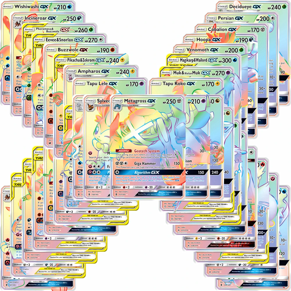 60pcs English Pokemon Cards Tag Team EX GX MEGA VMAX V VSTA Pikachu Evolutions Flash Card Game Carte Trading Collection Cards