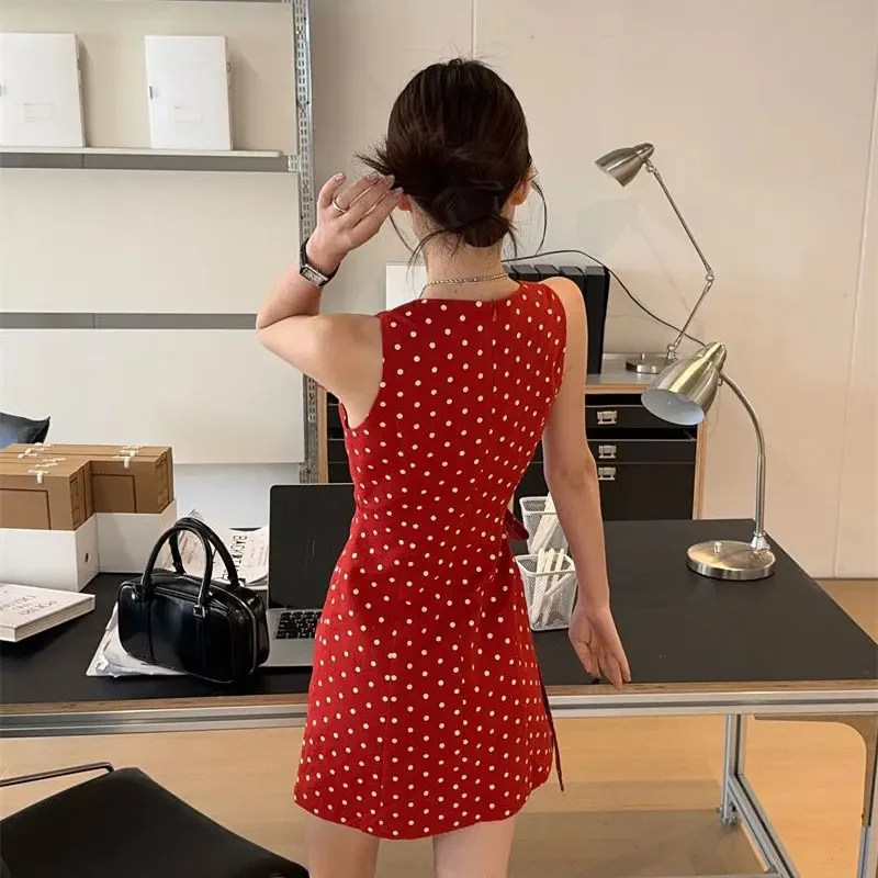 Vintage Polka Dot Dresses Summer New Fashion Drawstring Waist Female Clothing Casual Round Neck Basic Sleeveless Mini Dress