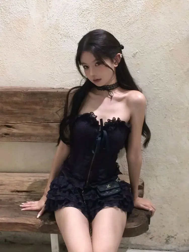 Cute Desire Lace Bustier Top High Waist Mini Cake Skirt Set Sexy Corset Cami Winter Outfit Ruffled Tulle Two Piece Lolita Style view 6
