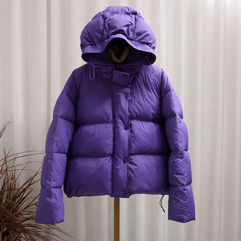 

Casual Light Warm Down Jacket Women New Draw String Hooded Short Thick Long Sleeve Fashion Puffer Coat Tide Autumn Winter Female