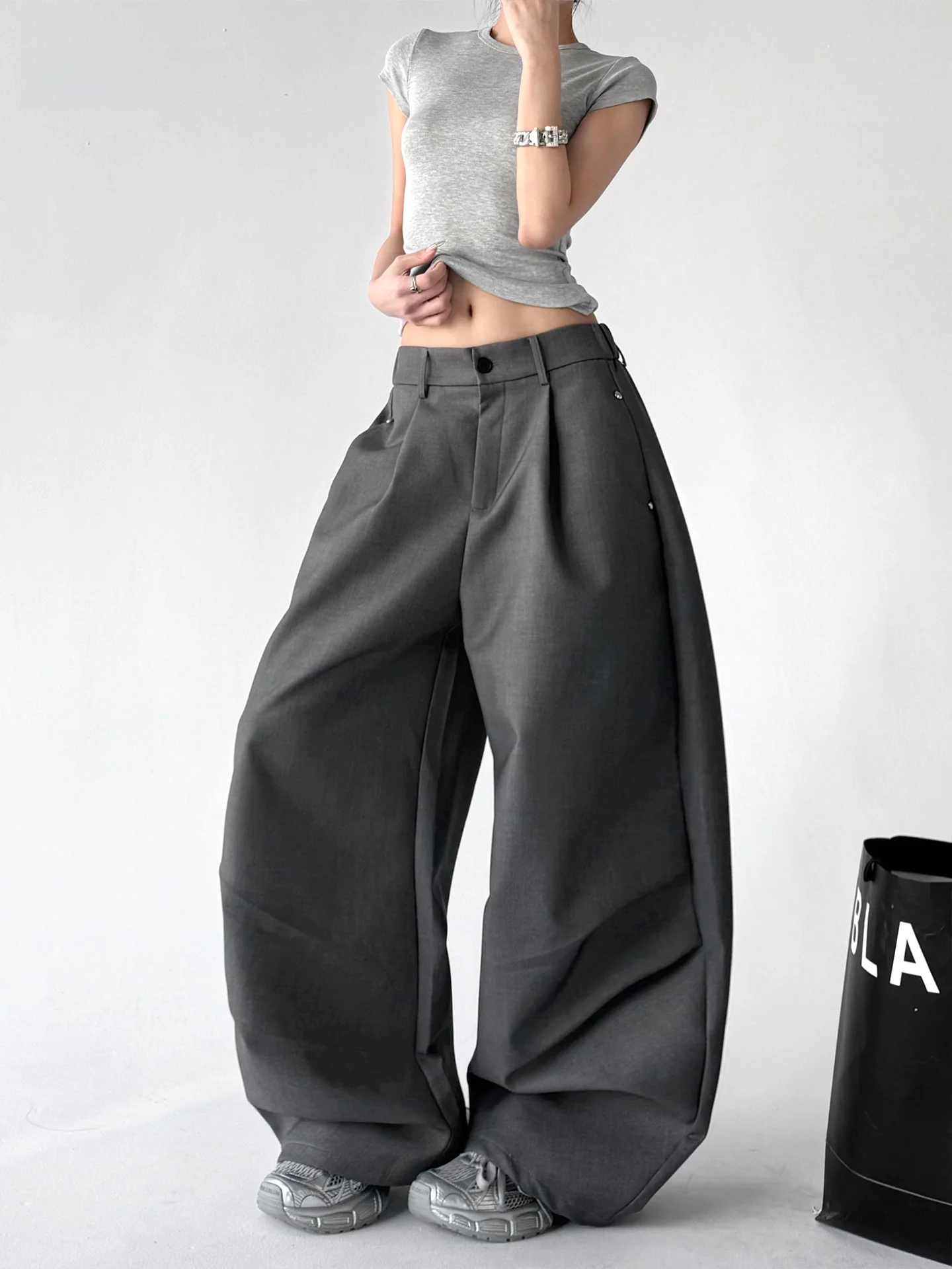 

ey High Waist Wide Leg Pants Women's Casual Loose Slimming Drape Unique Spring Faion Trousers Polyester Cotton Blend