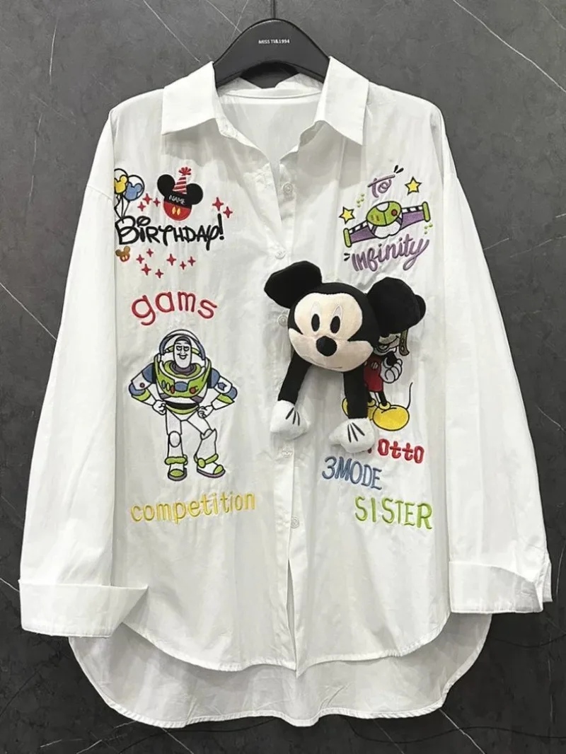 

White 3D Mickey Mouse Accessories White Shirt for Women Spring Summer Cartoon Mickey Long Sleeve Loose Oversized T Shirt Tops