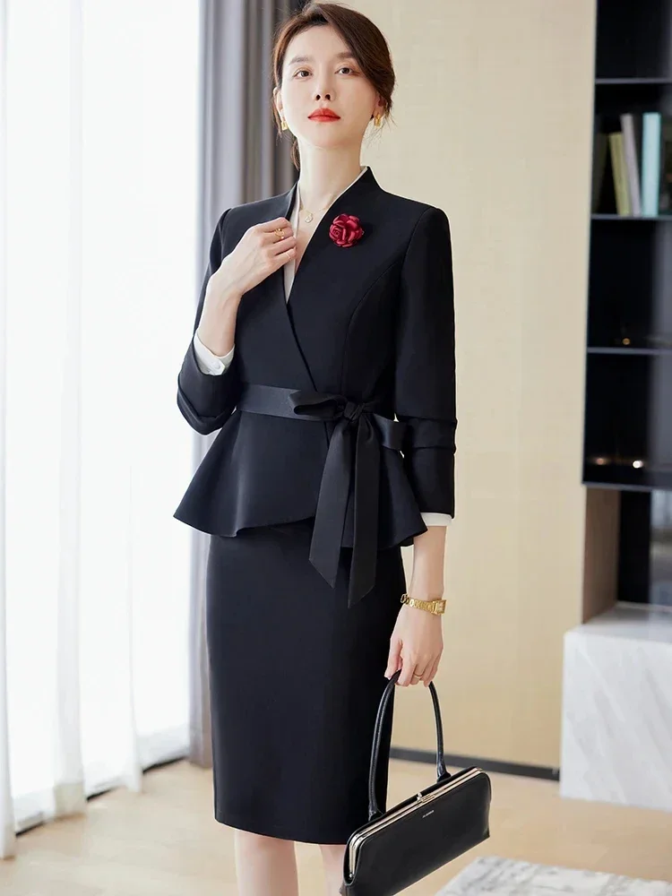 Hochwertiger formeller Rock anzug für Frauen 2023 Herbst Winter neue koreanische Büro damen arbeiten elegante Schleife weiblicher Blazer 2-teilige Sets