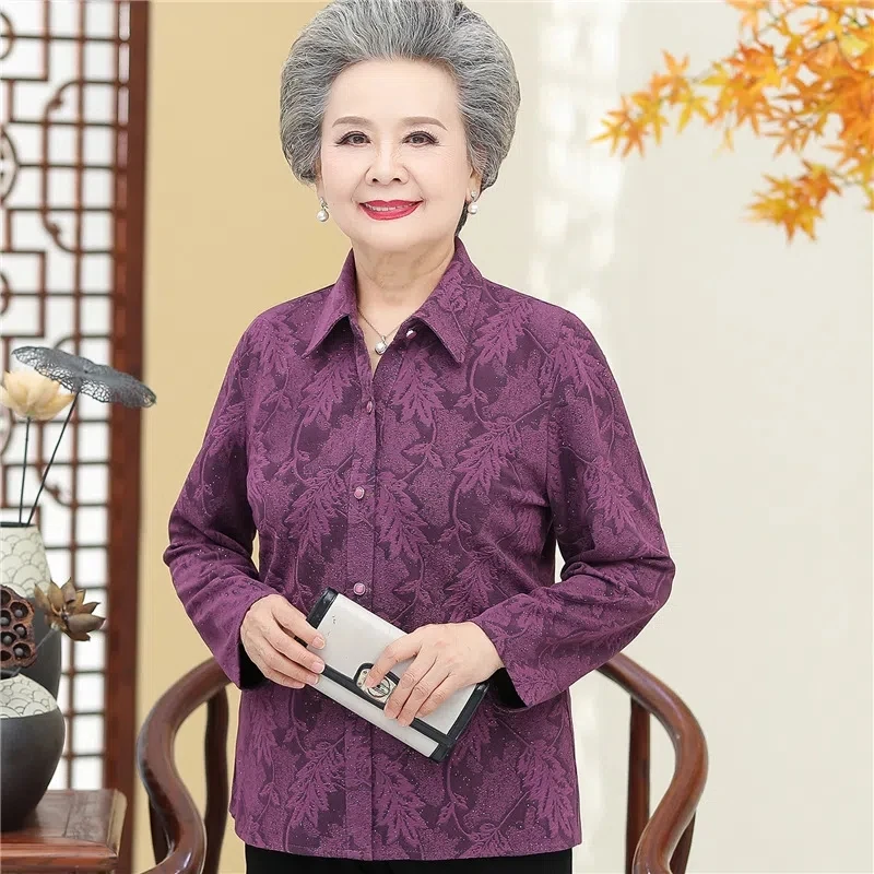 Elderly Women Blouses Autumn Old-age Mother Tops Long Sleeve Printed Shirt Grandmother Spring Thin Cardigan Coat W707