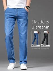 2024 Thin Men's Straight Jeans Classic Style Stretch Business Casual Baggy Denim Pants Male Brand Trousers Blue Black