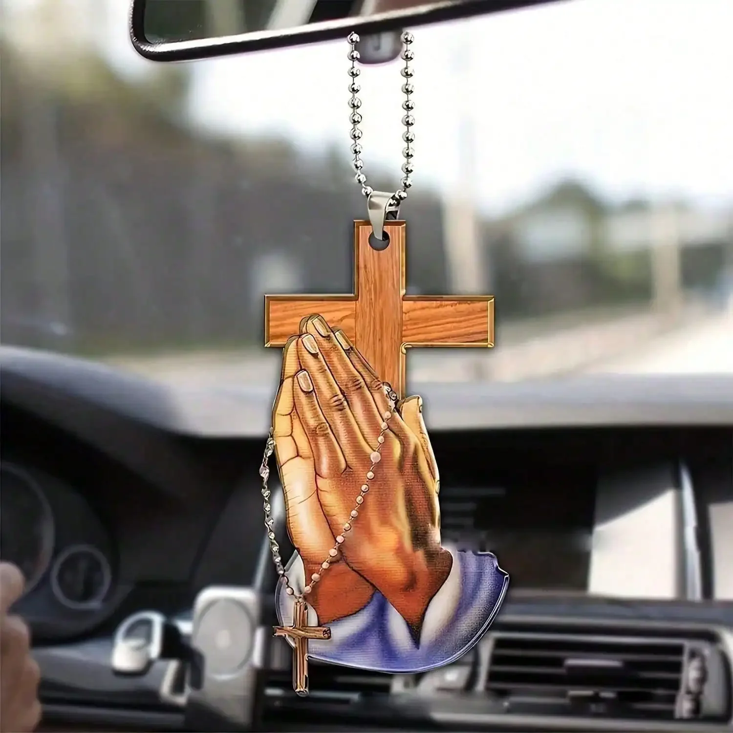 Flat Transparent Prayer Hand and Cross Self-Hanging Ornament with Chain, Delicate Amulet for Car Mirror and Keychain Gift