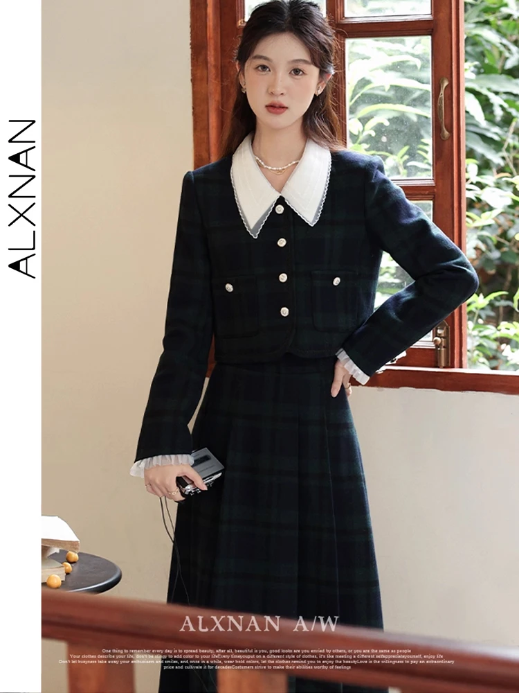 ALXNAN Schwarzer Wollrock, lang, A-Linie, hohe Taille, Bürodame, Faltenröcke, Damen, 2025, Herbst, lockere Passform, Damenbekleidung, LXN32066BSQ