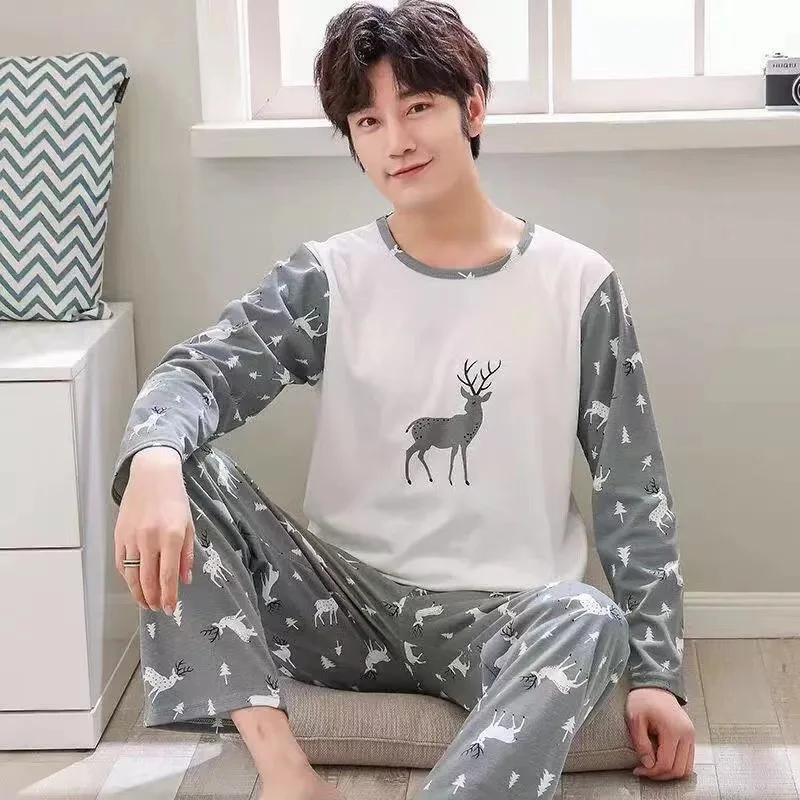 Pajamas Men Long Sleeve Autumn New Men\'s Youth Spring Autumn Winter Thin Imitation Cotton Loose Boys Home Wear Daily Comfort Set