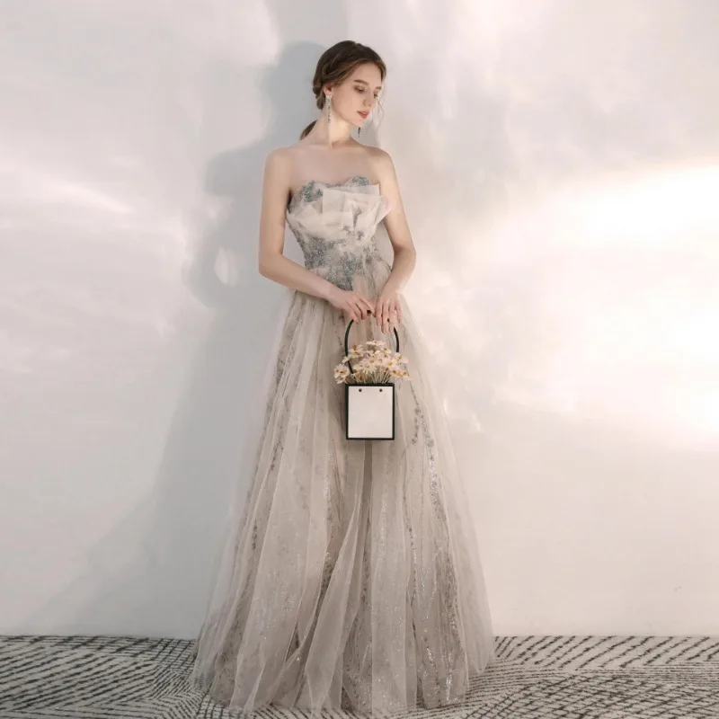 2025 verão novo elegante vestido longo sem alças fino ajuste e emagrecimento anfitrião dama de honra prego grânulo banquete vestido de noite para mulher